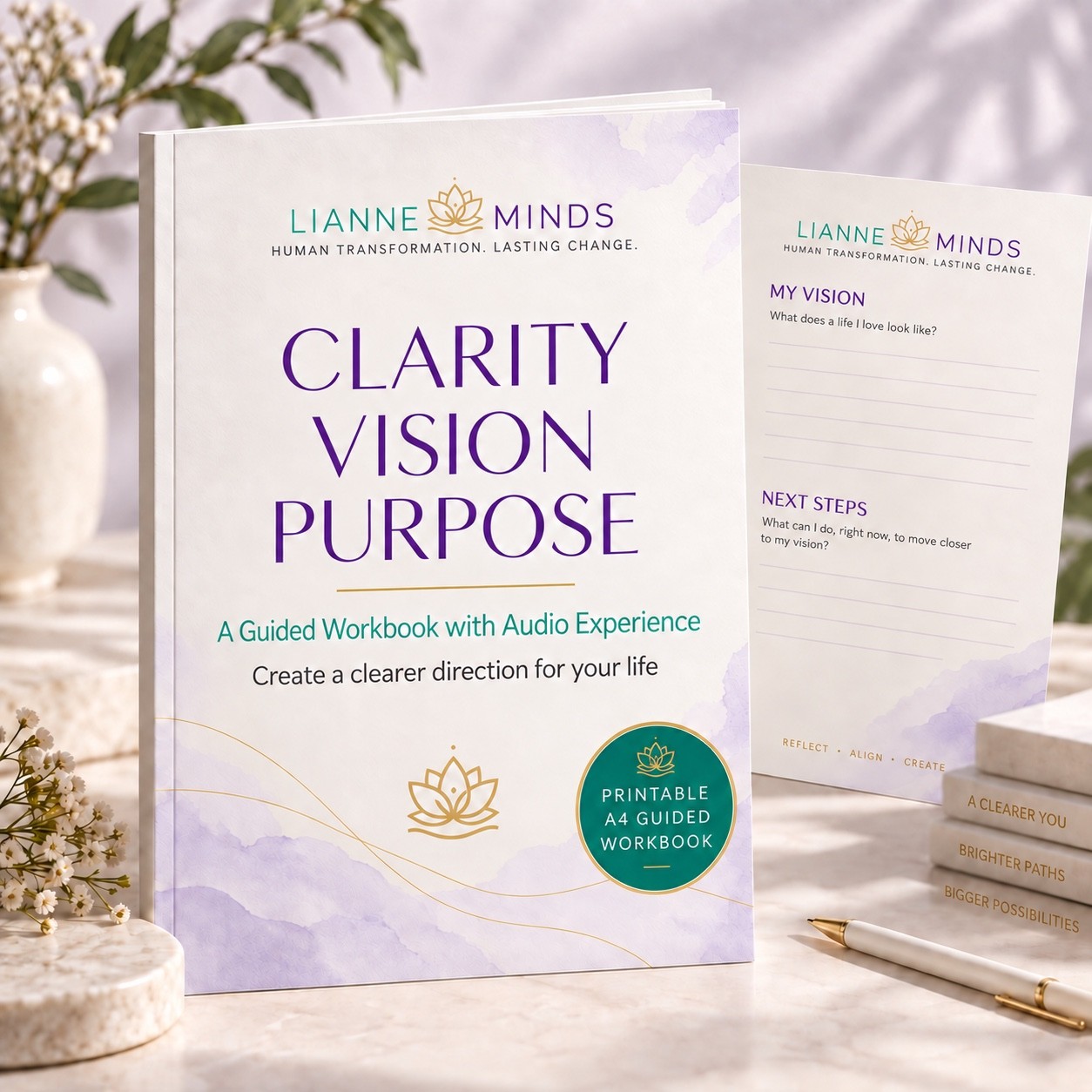 Clarity Vision Purpose guided workbook cover with a vision and next steps page